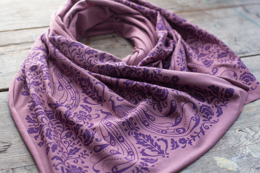 hand-printed scarf with art nouveau peacock pattern, handmade in Maine by Morris and Essex